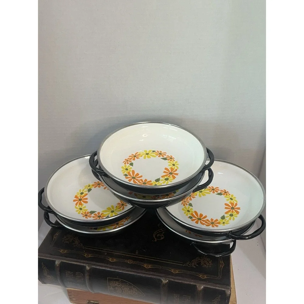Vintage Ekco Country Garden Porcelain Enamel Pans‎ Set of 7 Italy Daisy Floral